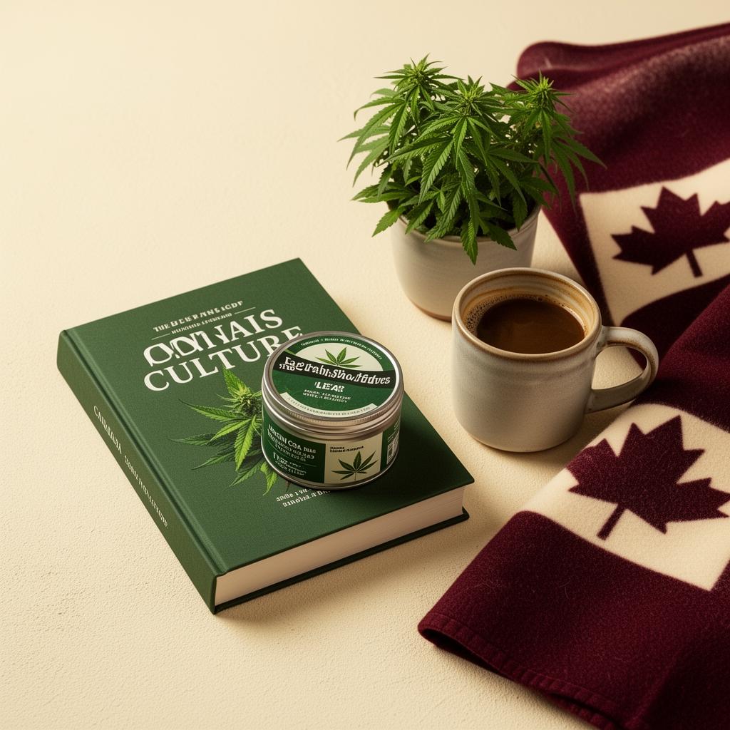 A cannabis culture guidebook, a leafy plant, coffee and a Canadian wool blanket on a cream surface